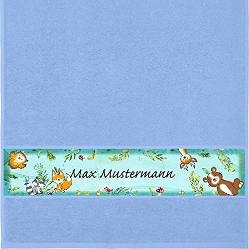 Manutextur Handtuch mit Namen - personalisiert - Motiv Wald - viele Farben & Motive - Dusch-Handtuch - hellblau - Größe 50x100 cm - persönliches Geschenk mit Wunsch-Motiv und Wunsch-Name von Manutextur