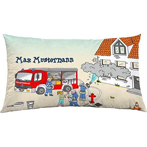 Manutextur Kissen mit Namen - Motiv Feuerwehr - viele Motive - Kissenhülle inklusive Füllung - Größe 30x50 cm - personalisiert - persönliches Geschenk mit Wunsch-Motiv und Wunsch-Name von Manutextur