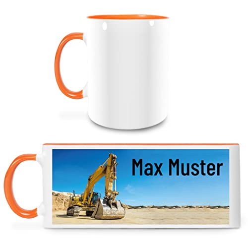 Manutextur Tasse mit Namen - personalisiert - Motiv Bagger 02 - viele Farben & Motive - weiß/orange - Größe - persönliches Geschenk mit Wunsch-Motiv und Wunsch-Name von Manutextur