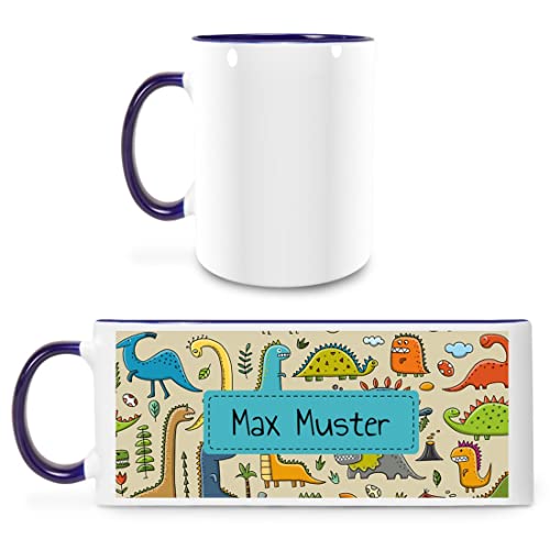 Manutextur Tasse mit Namen - personalisiert - Motiv Dinosaurier 02 - viele Farben & Motive - weiß/dunkelblau - persönliches Geschenk mit Wunsch-Motiv und Wunsch-Name von Manutextur