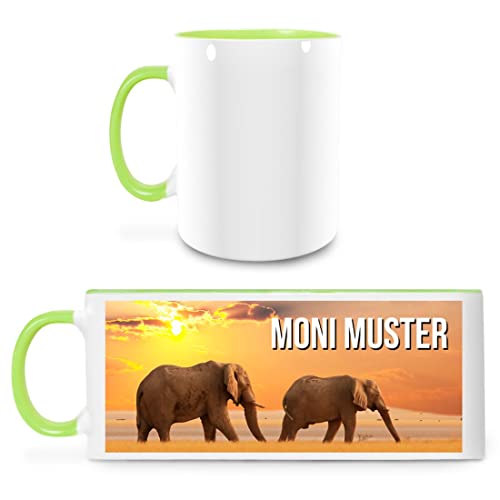 Manutextur Tasse mit Namen - personalisiert - Motiv Elefant - viele Farben & Motive - weiß/hellgrün - persönliches Geschenk mit Wunsch-Motiv und Wunsch-Name von Manutextur