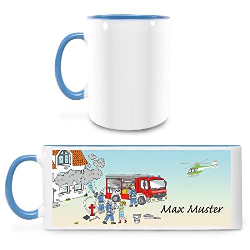 Manutextur Tasse mit Namen - personalisiert - Motiv Feuerwehr - viele Farben & Motive - weiß/hellblau - persönliches Geschenk mit Wunsch-Motiv und Wunsch-Name von Manutextur