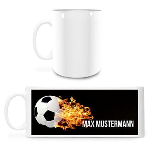Manutextur Tasse mit Namen - personalisiert - Motiv Fußball und Flammen - viele Farben & Motive - weiß - persönliches Geschenk mit Wunsch-Motiv und Wunsch-Name von Manutextur