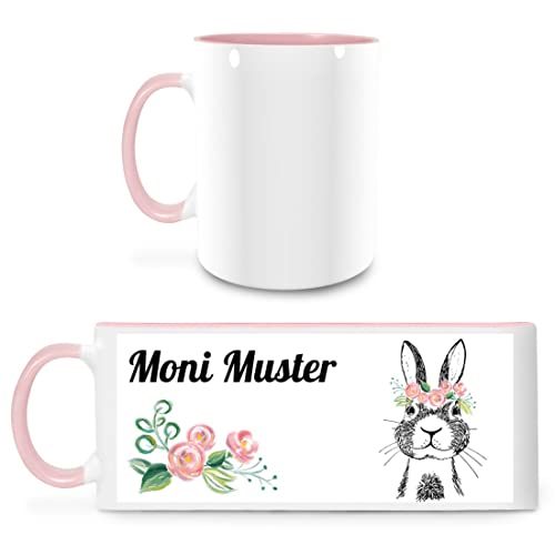Manutextur Tasse mit Namen - personalisiert - Motiv Hase mit Blumen 03 - viele Farben & Motive - weiß/rosa - persönliches Geschenk mit Wunsch-Motiv und Wunsch-Name von Manutextur