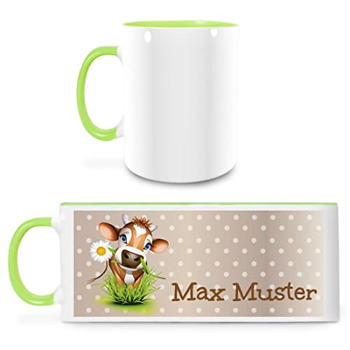 Manutextur Tasse mit Namen - personalisiert - Motiv Kuh 2 - viele Farben & Motive - weiß/hellgrün - persönliches Geschenk mit Wunsch-Motiv und Wunsch-Name von Manutextur