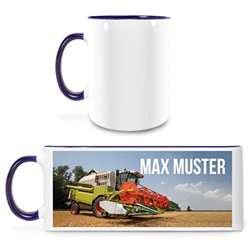 Manutextur Tasse mit Namen - personalisiert - Motiv Mähdrescher 01 - viele Farben & Motive - weiß/dunkelblau - Größe - persönliches Geschenk mit Wunsch-Motiv und Wunsch-Name von Manutextur