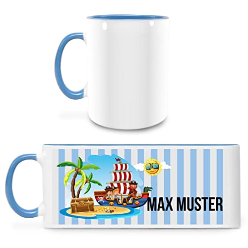 Manutextur Tasse mit Namen - personalisiert - Motiv Pirat - viele Farben & Motive - weiß/hellblau - persönliches Geschenk mit Wunsch-Motiv und Wunsch-Name von Manutextur