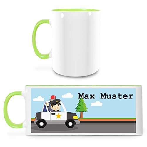 Manutextur Tasse mit Namen - personalisiert - Motiv Polizei - viele Farben & Motive - weiß/hellgrün - persönliches Geschenk mit Wunsch-Motiv und Wunsch-Name von Manutextur