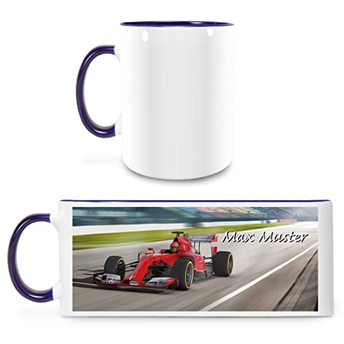 Manutextur Tasse mit Namen - personalisiert - Motiv Rennauto - viele Farben & Motive - weiß/dunkelblau - persönliches Geschenk mit Wunsch-Motiv und Wunsch-Name von Manutextur