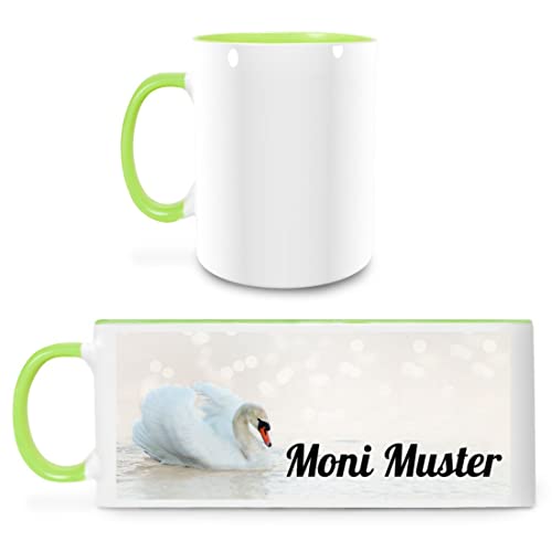 Manutextur Tasse mit Namen - personalisiert - Motiv Schwan - viele Farben & Motive - weiß/hellgrün - persönliches Geschenk mit Wunsch-Motiv und Wunsch-Name von Manutextur