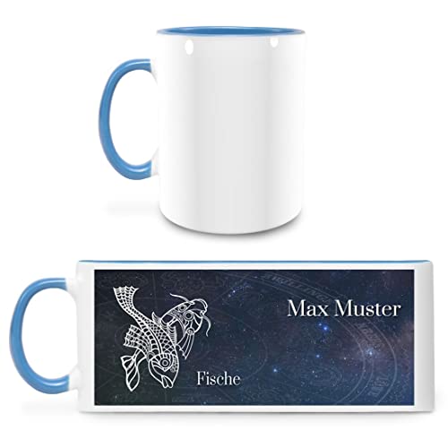 Manutextur Tasse mit Namen - personalisiert - Motiv Sternzeichen Fische - viele Farben & Motive - weiß/hellblau - Größe - persönliches Geschenk mit Wunsch-Motiv und Wunsch-Name von Manutextur