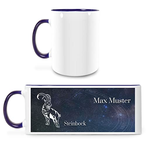 Manutextur Tasse mit Namen - personalisiert - Motiv Sternzeichen Steinbock - viele Farben & Motive - weiß/dunkelblau - Größe - persönliches Geschenk mit Wunsch-Motiv und Wunsch-Name von Manutextur