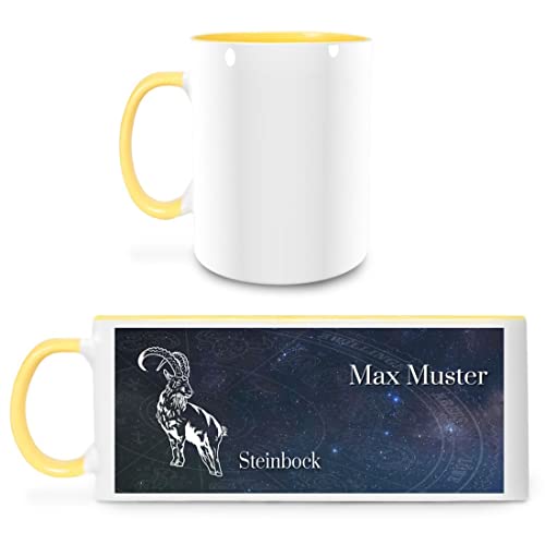 Manutextur Tasse mit Namen - personalisiert - Motiv Sternzeichen Steinbock - viele Farben & Motive - weiß/gelb - Größe - persönliches Geschenk mit Wunsch-Motiv und Wunsch-Name von Manutextur