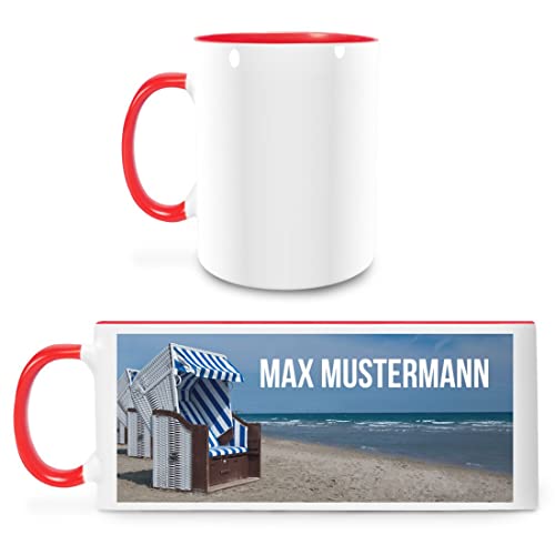 Manutextur Tasse mit Namen - personalisiert - Motiv Strandkorb - viele Farben & Motive - weiß/rot - persönliches Geschenk mit Wunsch-Motiv und Wunsch-Name von Manutextur