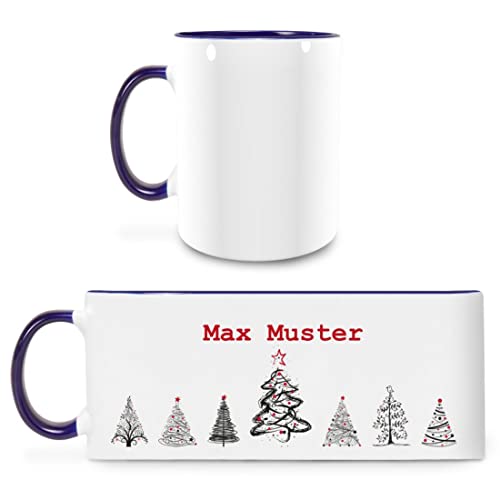 Manutextur Tasse mit Namen - personalisiert - Motiv Weihnachtsbaum 01 - viele Farben & Motive - weiß/dunkelblau - persönliches Geschenk mit Wunsch-Motiv und Wunsch-Name von Manutextur