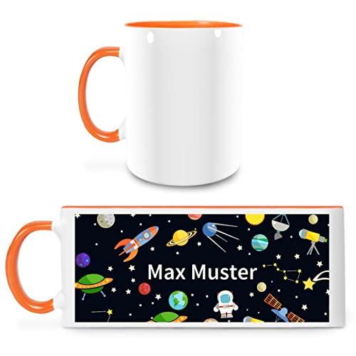 Manutextur Tasse mit Namen - personalisiert - Motiv Weltraum - viele Farben & Motive - weiß/orange - persönliches Geschenk mit Wunsch-Motiv und Wunsch-Name von Manutextur