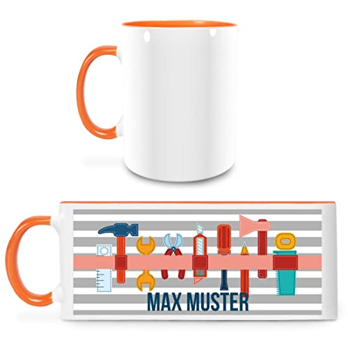 Manutextur Tasse mit Namen - personalisiert - Motiv Werkzeug - viele Farben & Motive - weiß/orange - persönliches Geschenk mit Wunsch-Motiv und Wunsch-Name von Manutextur