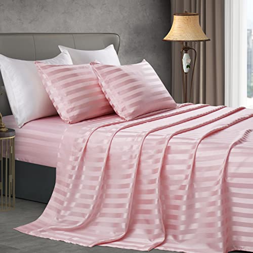 Manyshofu Blush Pink Satin Striped Sheets - 4Pcs Satin Sheets Full Size, Cooling Silky Satin Bed Sheets Luxury Bedding Sheet Set (1 Satin Fitted Sheet, 1 Satn Flat Sheet, 2 Satin Pillow Cases) von Manyshofu