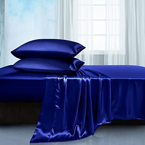 Manyshofu Satin-Bettwäsche-Set für Kingsize-Betten, 4-teilig, weiches seidiges Satin, königsblau, 1 Satin-Bettlaken, 2 Satin-Kissenbezüge) von Manyshofu