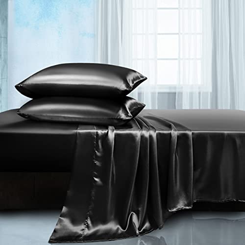 Manyshofu Satin-Bettwäsche-Set für Kingsize-Betten, 4-teilig, weiches seidiges Satin, schwarzes Satin, 1 Satin-Bettlaken, 2 Satin-Kissenbezüge) von Manyshofu