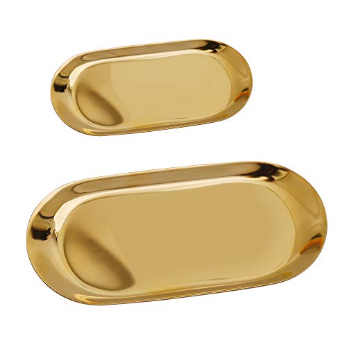 Goldene Platte Serviertabletts Buffet Platte Tablett Schmuckständer Aufbewahrung Dekoration Organizer für Lebensmittel, Schmuck, Kosmetik - Oval (2 Stück) von MaoXinTek