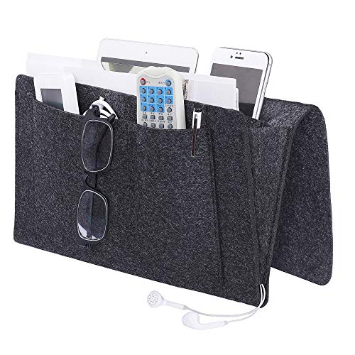 MaoXinTek Betttasche, Filz Bett Caddy Organizer zum Einhängen Nachttisch Tasche Sofa-Bett Dicke Filz mit Kabellöchern Anti-Rutsch für Buch, Zeitschriften, iPad, Handy, Fernbedienung, Dunkelgrau von MaoXinTek