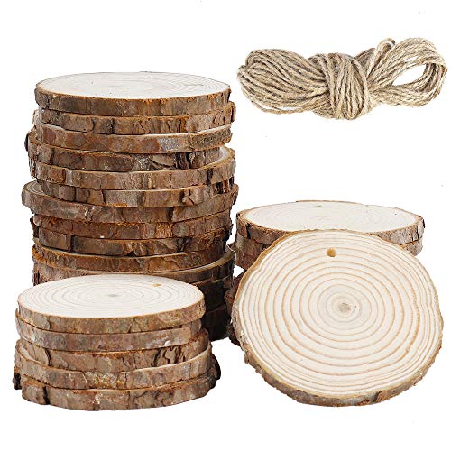 Holzscheiben, 30 Stücke Holz Log Scheiben, 6-7cm Rustikale Unvollendete Holzkreise und 10M Nnatürliche Jute Seil für Aufhängen Handwerk Deko Hochzeit DIY Basteln von MaoXinTek