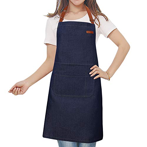 MaoXinTek Kochschürze & Küchenschürze Damen Einstellbare Hals Schürze mit Taschen für Männer Damen, Baumwolle Grillschürze Lang für Köche Kochen, Reinigung, Küche, Kaffee Bar, Gartenarbeit Blau von MaoXinTek