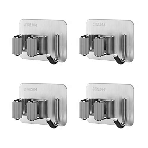 MaoXinTek Mop Halter Edelstahl Selbstklebend Wandhalterung Besen Gerätehalter mit Haken für Zuhause Küche Bad Garage Garten 4 Stück von MaoXinTek