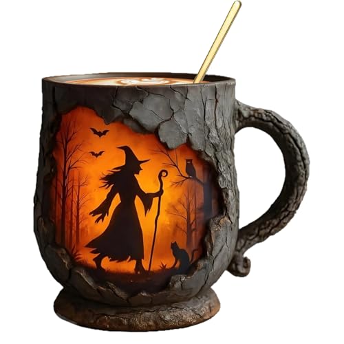 Maodom Originelle Kaffeetassen 386ml,Coole Tassen - Becher Mit Griff 3D Baumrinde Struktur Hexen Feuer Design Für Geburtstag Arbeit Kollege Lehrer Freunde Erwachsene von Maodom