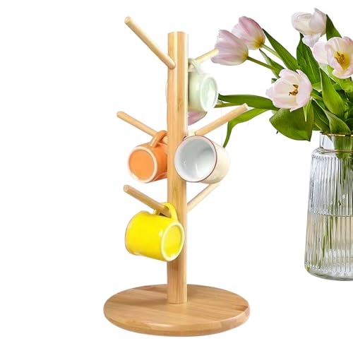 Maodom Tassenständer Holz,Hölzerne Tasse Rack mit 6 Haken,Brezelständer Holz,Tassenhalter aus Naturkautschukholz,Brezelhalter Tassenbaum,Nicht Schimmelig von Maodom