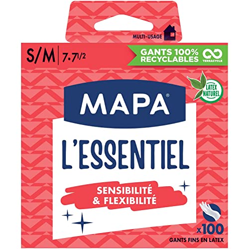 Mapa - L'Essentiel – Feine Handschuhe aus Naturlatex, gepudert – Empfindlichkeit und Flexibilität – Box mit 100 Handschuhen – Größe S/M, Weiß von MAPA