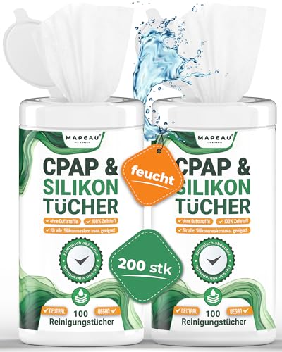 2 x 100 CPAP Reinigungstücher für Sauerstoffmasken Mapeau Wipes, Reinigung von Silikon Produkten, Gummi und Soft-Touch, duftfrei ohne Alkohol (2) von Mapeau