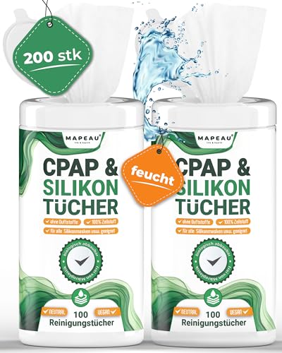 2x 100 CPAP Reinigungstücher für Sauerstoffmasken Mapeau, Reinigung von Silikon Produkten, Gummi und Kunststoffen, duftfrei ohne Alkohol (2) von Mapeau