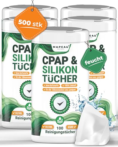 5x 100 CPAP Mask Wipes Maskenreiniger Tücher, Mapeau CPAP & Silikon Reinigungstücher feucht, Zellstoff Tuch ohne Duftstoffe in Spenderbox (5) von Mapeau
