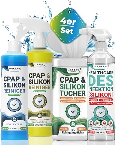 CPAP Reiniger 4er Set | Reinigungsspray | Konzentrat | Desinfektion | 100x Reinigungstücher, Sauerstoff Masken Cleaner je 500ml, Mapeau von Mapeau