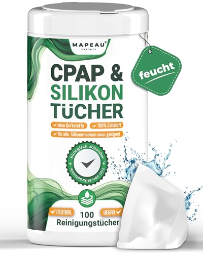 CPAP Reinigungstücher 100x Wipes in Spenderdose, Duftfrei ohne Alkohol, Zellstoff Tücher zum reinigen Silikon, CPAP Masken, Sauerstoffmasken, Nasenbrillen (1) von Mapeau