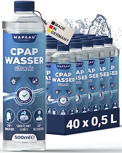 Mapeau Wasser für CPAP-Geräte, Inhalator, Atemgasbefeuchtung keimreduziert, Luftbefeuchter, reines destilliertes Wasser für Sauerstoffkonzentrator (40x 500ml) von Mapeau