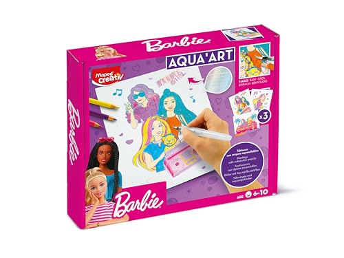 Maped CREATIV - Ausmal-Set AQUA'ART - BARBIE - Aquarell-Aktivität für Kinder - Aquarellstift + Wasserpinsel - 3 Poster im A4-Format mit Metalleffekten - ab 7 Jahren - offizielle Barbie-Lizenz von Maped