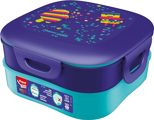 Maped Picnik Lunchbox für Kinder Pixel Party – 2 modulare Fächer, davon 1 Fach wasserdicht – einfache Reinigung in der Spülmaschine – 1,4 l von Maped