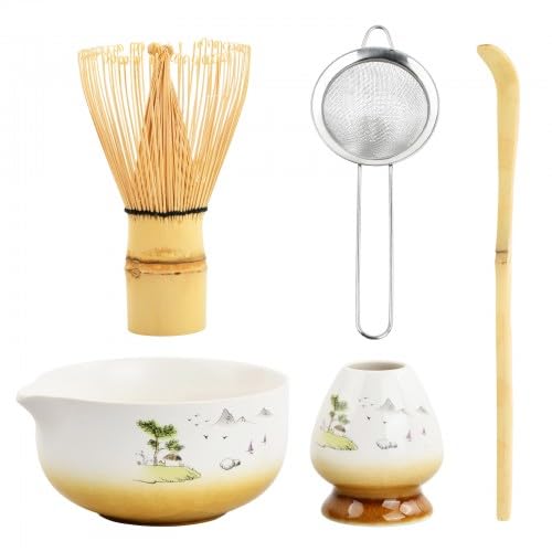 5 in 1 Matcha Set Japanisches Matcha Tee Set mit Matcha Besen, Matcha Schale mit Ausgießer, Matcha Schneebesen, Halter Handwerklich Matcha Tea Set aus Keramik Zubehör für Matcha-Zeremonie (Braun) von Mapille