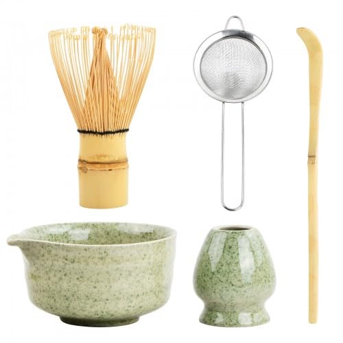 5 in 1 Matcha Set Japanisches Matcha Tee Set mit Matcha Besen, Matcha Schale mit Ausgießer, Matcha Schneebesen, Halter Handwerklich Matcha Tea Set aus Keramik Zubehör für Matcha-Zeremonie (Grün) von Mapille