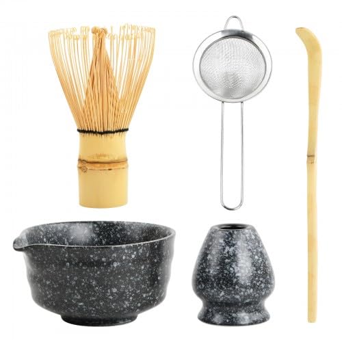 5 in 1 Matcha Set Japanisches Matcha Tee Set mit Matcha Besen, Matcha Schale mit Ausgießer, Matcha Schneebesen, Halter Handwerklich Matcha Tea Set aus Keramik Zubehör für Matcha-Zeremonie (Schwarz) von Mapille