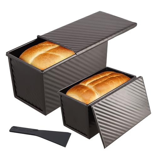 Mapille 2 Stücke Brotbackform mit deckel, Kohlenstoffstahl Antihaft Brot Toastform mit Belüftungslöchern und Schaber, Hitzebeständig bis 220°C Brotbackform für Brot Gebäck und Kuchen, Schwarz von Mapille