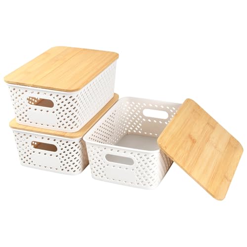 Mapille 3 Stücke Aufbewahrungsbox mit Bambus Deckel Bad 25x18x10cm Kunststoff Aufbewahrungskorb 5L Plastikbox Weiß Lidded Stapelboxen Badezimmer Küche Aufbewahrungsboxen Rattan Organizer Box for Regal von Mapille