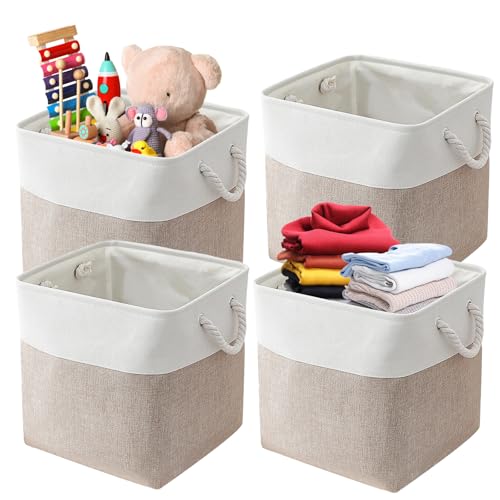 Mapille Aufbewahrungsboxen, 4 Stück Aufbewahrungskorb Stoff, Aufbewahrungsbox 33x33x33cm, Faltbare Aufbewahrungswürfel mit Griffen, für Spielzeug, Kleidung, Regale, Kleiderschrank, Weiß+Khaki von Mapille