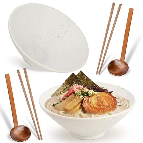 Mapille Japanisches Ramen Schüssel Set (2er Set), Große Keramik Suppenschalen 1000ml mit Essstäbchen und Löffeln, Asiatisches Geschirr für Nudeln Salate Pho, Spülmaschinen- und Mikrowellengeeignet von Mapille