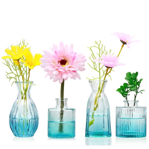 Glasvasen, 4er-Set, blaue kleine Blumenvasen, Blumentöpfe für Hochzeit, Tischdekoration, klare Vintage-Mini-Vasen, Blumenarrangements in Vasen für Party oder Heimdekoration Glasvasen, 4er-Set, blaue kleine Blumenvasen, Blumentöpfe für Hochzeit, Tischdekoration, klare Vintage-Mini-Vasen, Blumenarrangements in Vasen für Party oder Heimdekoration von Mapoxy