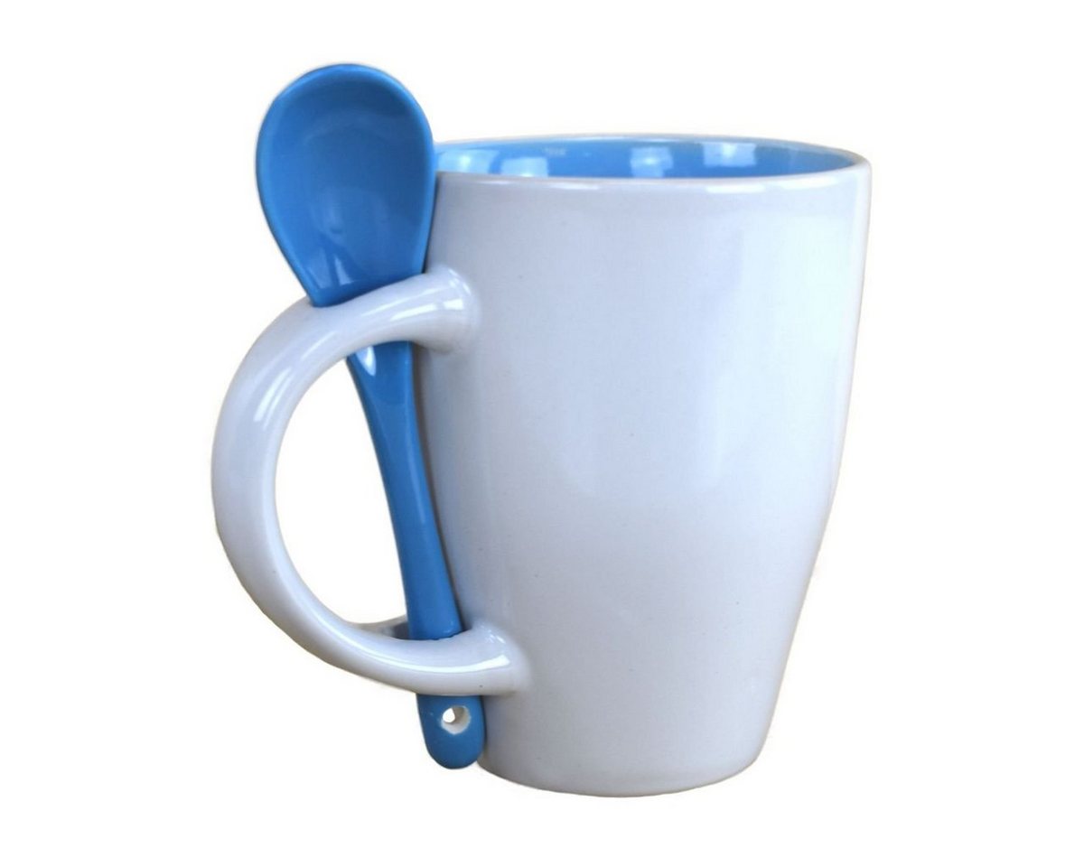 Marabellas Shop Tasse Kaffetasse ca. 250 ml in Orange oder Blau Tasse mit Löffel im Halter, Keramik, inkl. Keramiklöffel von Marabellas Shop