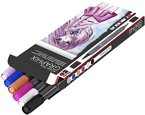 Marabu 0145000000101 - Aqua Pen Graphix, Ma Ke Manga, 6 Aquarellfilzstifte im Set mit brillanter Farbe, wasserbasierte Tusche, Doppelspitze, aquarellierbar auf Aquarellpapier von Marabu